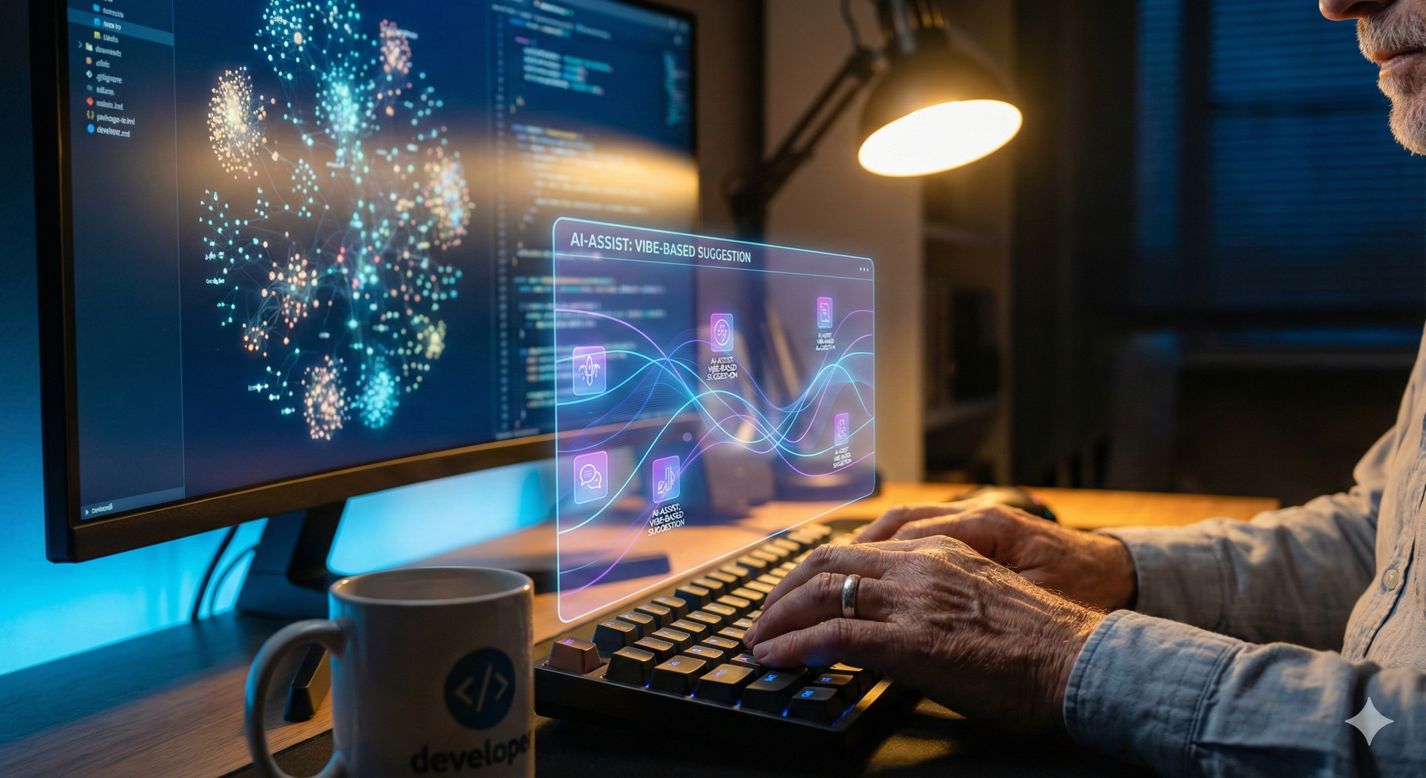 Kehittäjä käyttää tekoälyä sovelluskehityksessä - Fiiliskoodaus